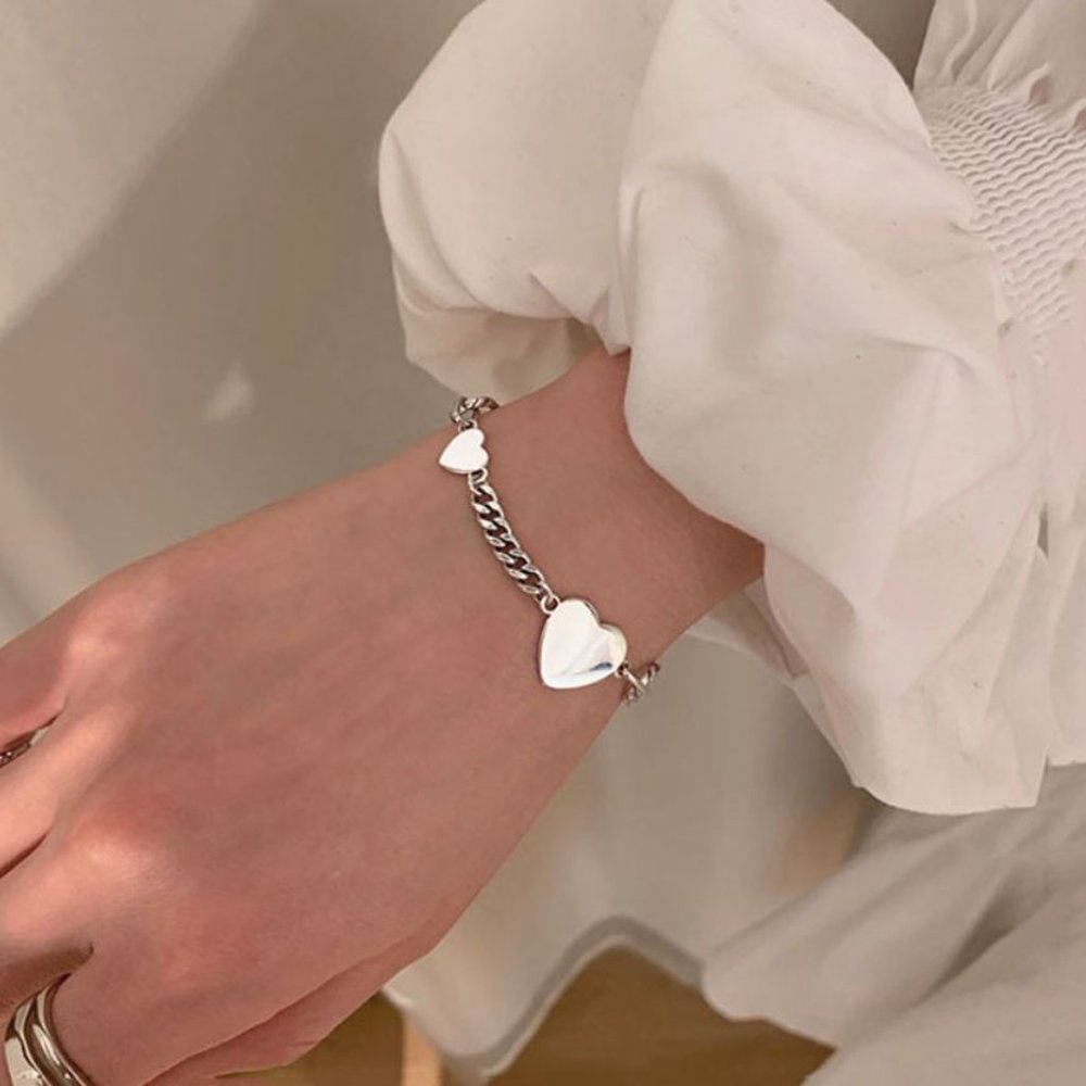 925 Sterling Silver Heart Link Bracelet Minimalist Dainty Silver Bracelet - Picture 2 of 7